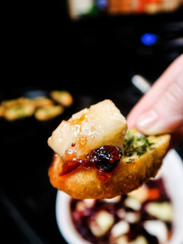 A hand holds a crostini with a chunk of brie and cranberry sauce piled on top.
